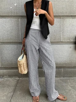 COMMENSE Wide Leg|Pants^Casual Plaid Wide Leg Pants BlackandWhite