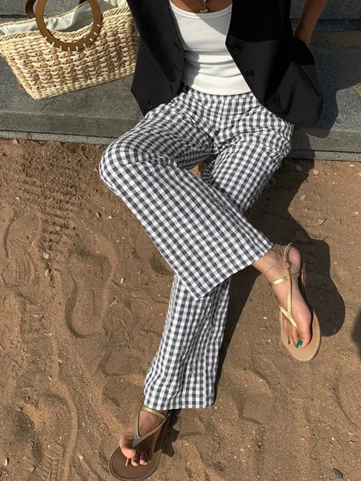 COMMENSE Wide Leg|Pants^Casual Plaid Wide Leg Pants BlackandWhite