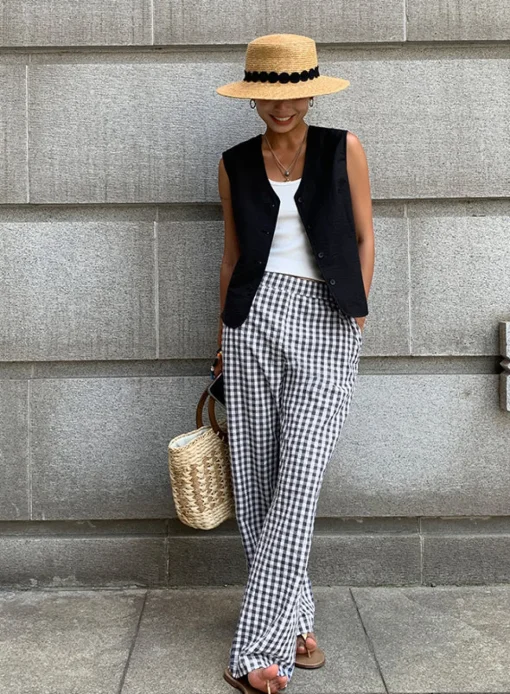 COMMENSE Wide Leg|Pants^Casual Plaid Wide Leg Pants BlackandWhite