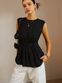 COMMENSE Blouses & Shirts|Tops^Casual Sleeveless Pleated Button Back Blouse Black