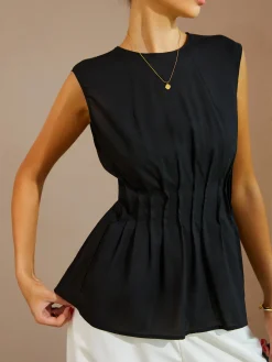 COMMENSE Blouses & Shirts|Tops^Casual Sleeveless Pleated Button Back Blouse Black