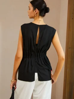 COMMENSE Blouses & Shirts|Tops^Casual Sleeveless Pleated Button Back Blouse Black