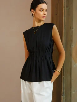 COMMENSE Blouses & Shirts|Tops^Casual Sleeveless Pleated Button Back Blouse Black