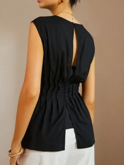 COMMENSE Blouses & Shirts|Tops^Casual Sleeveless Pleated Button Back Blouse Black