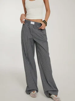 COMMENSE Wide Leg|Pants^Casual Striped Wide Leg Pants Black