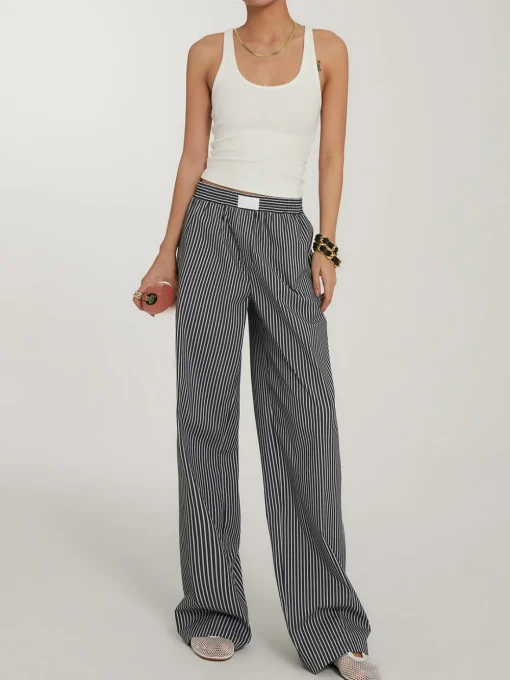 COMMENSE Wide Leg|Pants^Casual Striped Wide Leg Pants Black