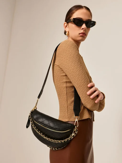 COMMENSE Bags|Accessories^Chain Decor Zipper Shoulder Bag Black