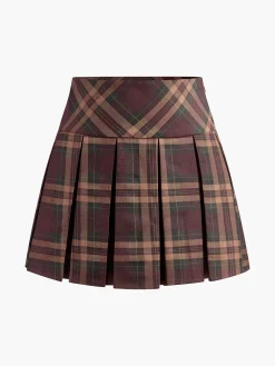 COMMENSE Skirts|Bottoms^Checked Pleated Mini Skirt Burgundy