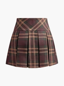 COMMENSE Skirts|Bottoms^Checked Pleated Mini Skirt Burgundy
