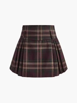 COMMENSE Skirts|Bottoms^Checked Zipper Mini Skirt Burgundy