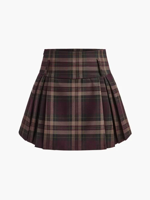 COMMENSE Skirts|Bottoms^Checked Zipper Mini Skirt Burgundy