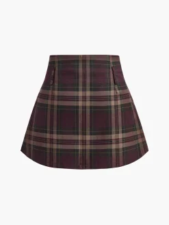 COMMENSE Skirts|Bottoms^Checked Zipper Mini Skirt Burgundy