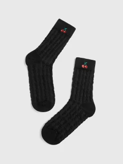 COMMENSE Socks & Tights|Accessories^Cherry Embroidered Twist Warm Pile Socks Black
