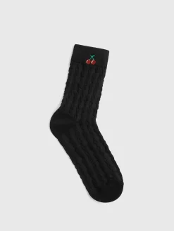COMMENSE Socks & Tights|Accessories^Cherry Embroidered Twist Warm Pile Socks Black