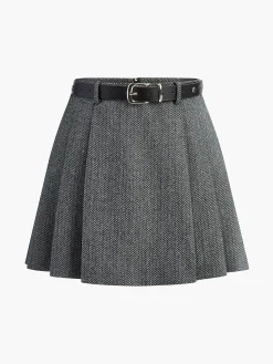 COMMENSE Skirts|Bottoms^Chevron Belted Tweed Skirt Grey