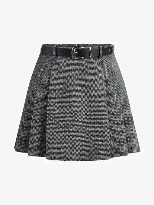 COMMENSE Skirts|Bottoms^Chevron Belted Tweed Skirt Grey