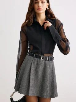 COMMENSE Skirts|Bottoms^Chevron Belted Tweed Skirt Grey