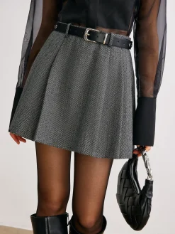 COMMENSE Skirts|Bottoms^Chevron Belted Tweed Skirt Grey