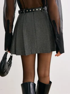 COMMENSE Skirts|Bottoms^Chevron Belted Tweed Skirt Grey
