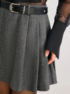 COMMENSE Skirts|Bottoms^Chevron Belted Tweed Skirt Grey
