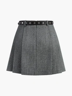 COMMENSE Skirts|Bottoms^Chevron Belted Tweed Skirt Grey