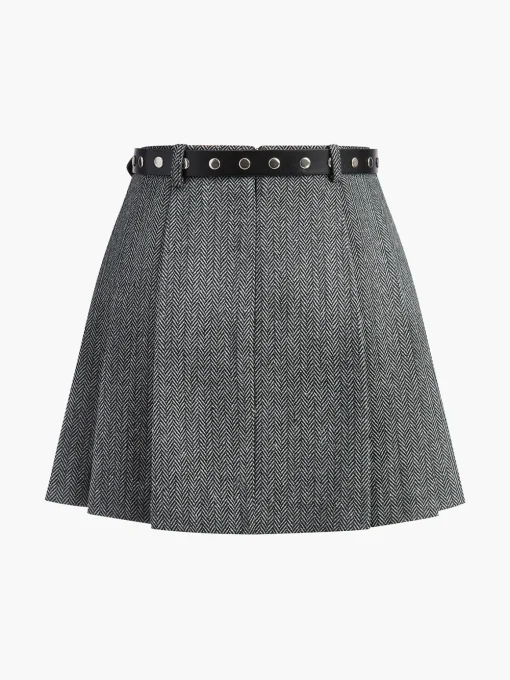 COMMENSE Skirts|Bottoms^Chevron Belted Tweed Skirt Grey