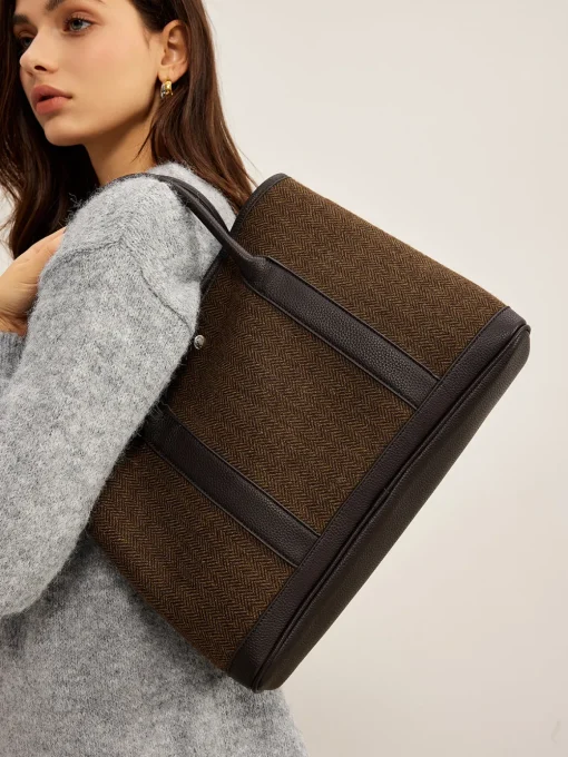 COMMENSE Bags|Accessories^Chevron Button Clasp Tote Bag Brown