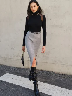 COMMENSE Skirts|Bottoms^Chevron Split Midi Skirt Without Belt Grey