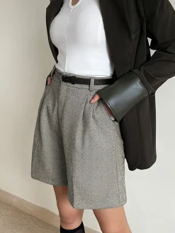 COMMENSE Shorts|Bottoms^Chevron Tweed Belted Knee Shorts Grey