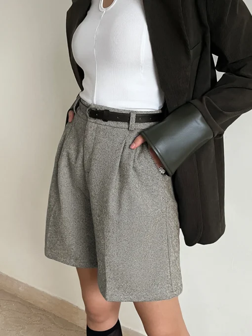 COMMENSE Shorts|Bottoms^Chevron Tweed Belted Knee Shorts Grey
