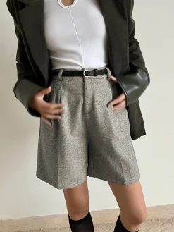 COMMENSE Shorts|Bottoms^Chevron Tweed Belted Knee Shorts Grey