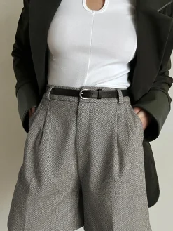 COMMENSE Shorts|Bottoms^Chevron Tweed Belted Knee Shorts Grey