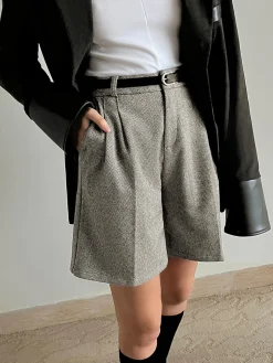 COMMENSE Shorts|Bottoms^Chevron Tweed Belted Knee Shorts Grey
