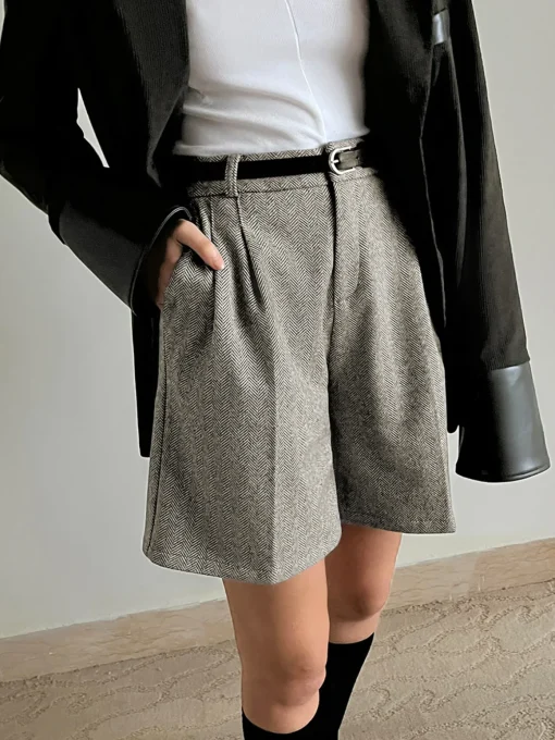 COMMENSE Shorts|Bottoms^Chevron Tweed Belted Knee Shorts Grey