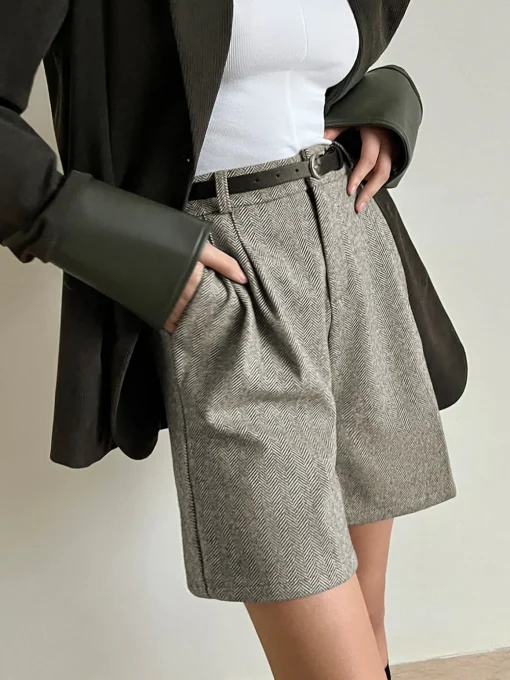 COMMENSE Shorts|Bottoms^Chevron Tweed Belted Knee Shorts Grey