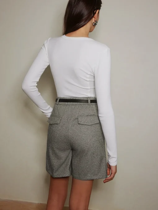 COMMENSE Shorts|Bottoms^Chevron Tweed Belted Knee Shorts Grey