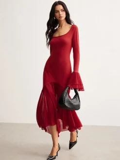 COMMENSE Casual Dresses|Cocktail & Party Dresses^Chiffon Hem Slim Panel Dress Red