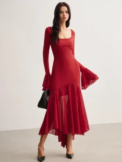 COMMENSE Casual Dresses|Cocktail & Party Dresses^Chiffon Hem Slim Panel Dress Red