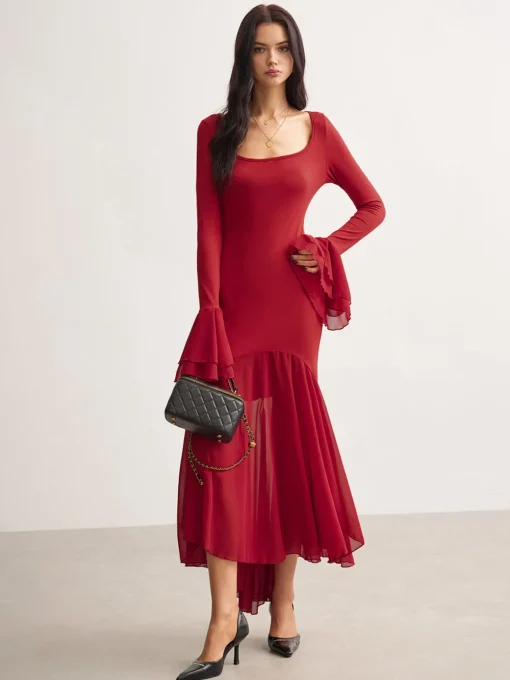 COMMENSE Casual Dresses|Cocktail & Party Dresses^Chiffon Hem Slim Panel Dress Red