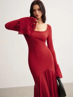 COMMENSE Casual Dresses|Cocktail & Party Dresses^Chiffon Hem Slim Panel Dress Red