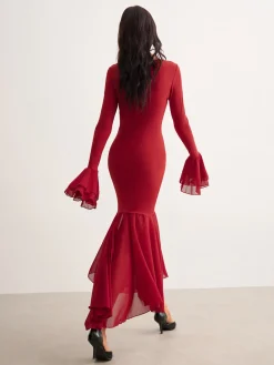 COMMENSE Casual Dresses|Cocktail & Party Dresses^Chiffon Hem Slim Panel Dress Red