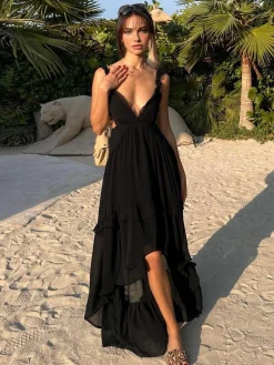 COMMENSE Black Dresses|Vacation Dresses^Chiffon High-Low Hem Cutout Long Dress Black