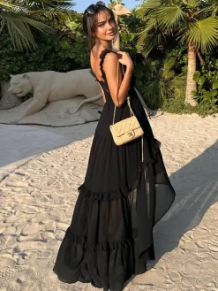COMMENSE Black Dresses|Vacation Dresses^Chiffon High-Low Hem Cutout Long Dress Black