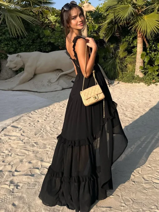 COMMENSE Black Dresses|Vacation Dresses^Chiffon High-Low Hem Cutout Long Dress Black