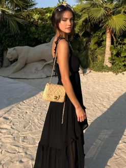 COMMENSE Black Dresses|Vacation Dresses^Chiffon High-Low Hem Cutout Long Dress Black