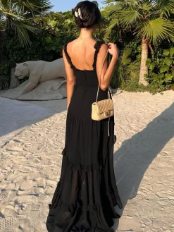 COMMENSE Black Dresses|Vacation Dresses^Chiffon High-Low Hem Cutout Long Dress Black
