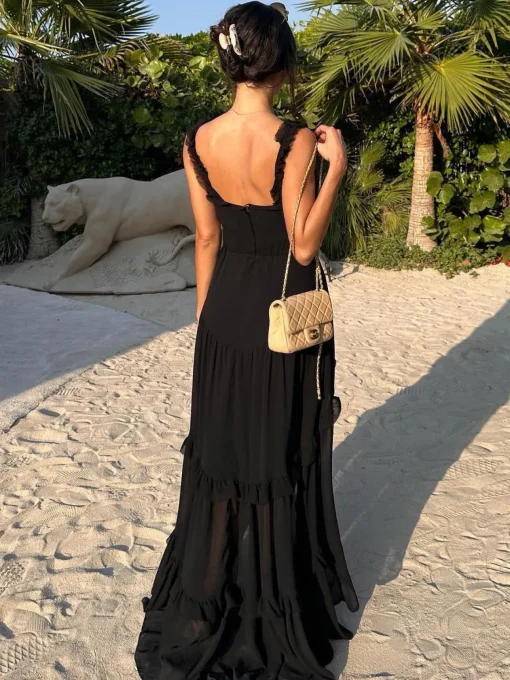 COMMENSE Black Dresses|Vacation Dresses^Chiffon High-Low Hem Cutout Long Dress Black