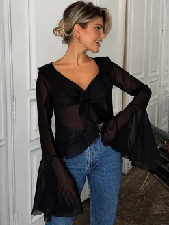 COMMENSE Blouses & Shirts|Tops^Chiffon Ruffle V-Neck Blouse Black