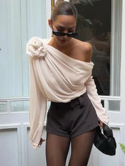 COMMENSE Blouses & Shirts|Tops^Chiffon Semi-sheer One Shoulder Asymmetrical Top Apricot