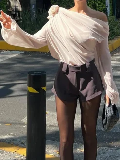 COMMENSE Blouses & Shirts|Tops^Chiffon Semi-sheer One Shoulder Asymmetrical Top Apricot